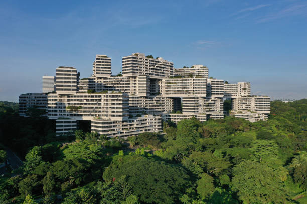 Housing Complex on top of forested hill stock photo