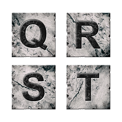 Set, letters Q, R, S, and T. Alphabet on stone blocks. Isolated on white background. Education Design element