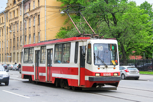 Saint Petersburg, Russia - May 26, 2013: Old urban tramway model 71-134K (LM-99K) in the city street.