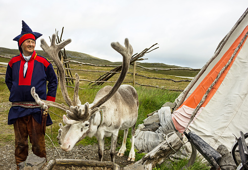 Norway - June 27, 2022: Deer and reindeer breeder dressed in national clothes the Sami in the area of town Honningsvag. The Sami are the people inhabiting the Arctic area.