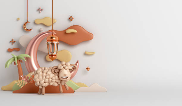istock Eid al adha islamic decoration background with goat sheep arabic lantern crescent, ramadan kareem, mawlid, iftar, eid al fitr, muharram, copy space text area, 3D illustration. 1405545218