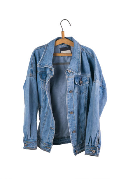istock Unbuttoned denim jacket on a hanger isolated on a white background. 1405547555