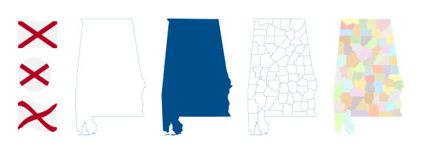 alabama map. detailed blue outline and silhouette. administrative divisions and counties. flag of alabama. set of vector maps. all isolated on white background. template for design. - alabama 幅插畫檔、美工圖案、卡通及圖標