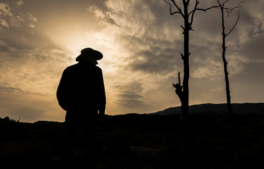 Silhouette of adult man in cowboy hat standing in desert against sky. Almeria, Spain