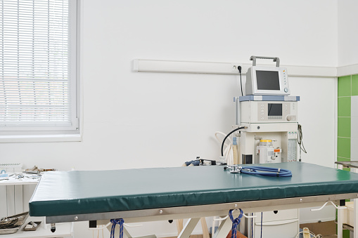 Horizontal no people shot of exam room with equipment interior in modern veterinary clinic, daytime