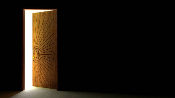 Light Beams Out From Inside The Room Out of an open door, with a dark and black exterior, with 4K and 8K Photo Image resolution Or Full HD 3 this door is a door made of wood, the latest minimalist model that can be used as a reference for us when we want to make room doors and others, this image is in the form of a 3d illustration whose level of resemblance is close to perfect key doormat stock pictures, royalty-free photos & images