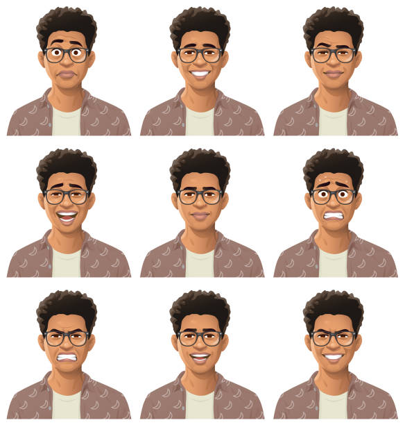 Young African American Man With Glasses Portrait- Emotions Vector illustration of a young african american man with nine different facial expressions: stunned/surprised, smiling, sceptic/ cool, laughing, neutral, anxious, angry, talking and smirking. Portraits perfectly match each other and can be used for facial animation. black nerd stock illustrations
