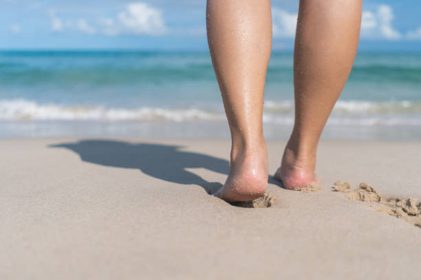 concetto di vacanza estiva a piedi nudi sulla sabbia in spiaggia con copyspace. - sole of foot human foot women humor foto e immagini stock