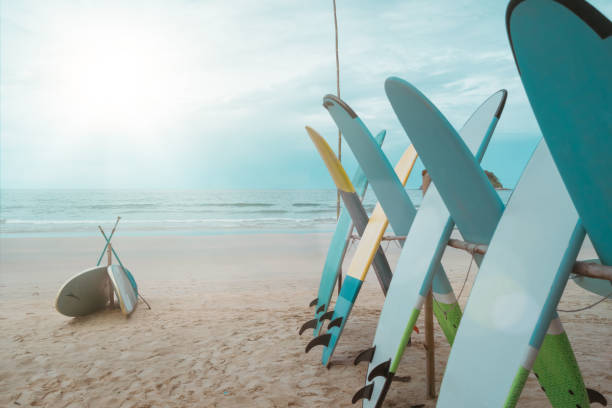 istock Many surfboards for rent  at summer beach with sunlight  blue sky. 1405550339