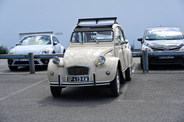 Pleyber-Christ, France - July 04 2021: The Citroën 2CV (French: Deux chevaux) is an economy car introduced in 1948 by manufactured by Citroën.