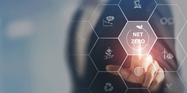 istock Net zero and carbon neutral concept. Net zero greenhouse gas emissions target. Climate neutral long term strategy. Businessman touching on net zero icon with decarbonization icon on smart background. 1405552831