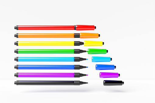 A set of realistic multi-colored markers with caps on a white isolated background, 3D illustration. Stationery. Colorful Highlighters.