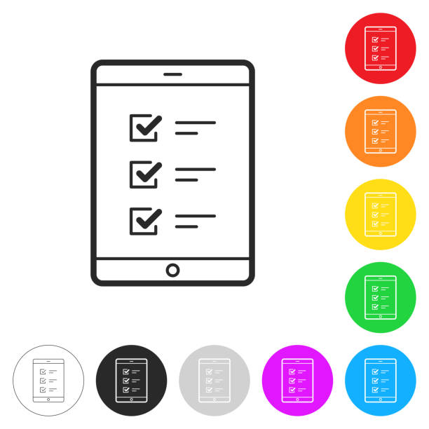планшетный пк с контрольным списком. иконка на красочных кнопках - to do list computer icon checklist communication stock illustrations