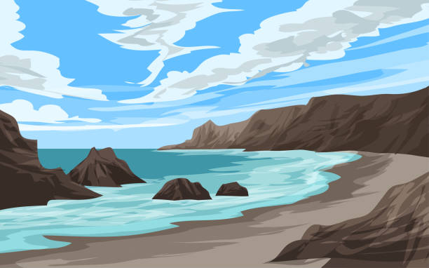 ilustrações de stock, clip art, desenhos animados e ícones de beach landscape with rocks and cliff on sunny day - coastline