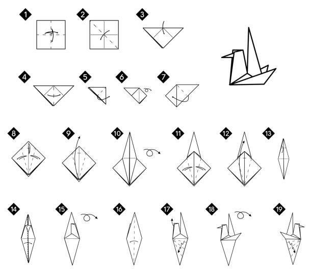 How to make origami bird. Step by step tutorial How to make origami waterfowl bird. Step by step instructions. Monochrome black and white vector simple DIY illustration. origami instructions stock illustrations
