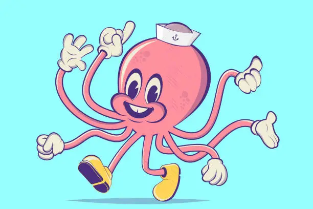 Vector illustration of funny illustration of a retro cartoon octopus