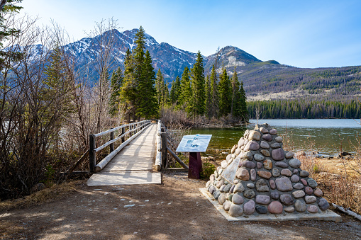 Jasper, Alberta, Canada - May 5 2021 : Pyramid Island, Pyramid Lake. Jasper National Park, Canadian Rockies.