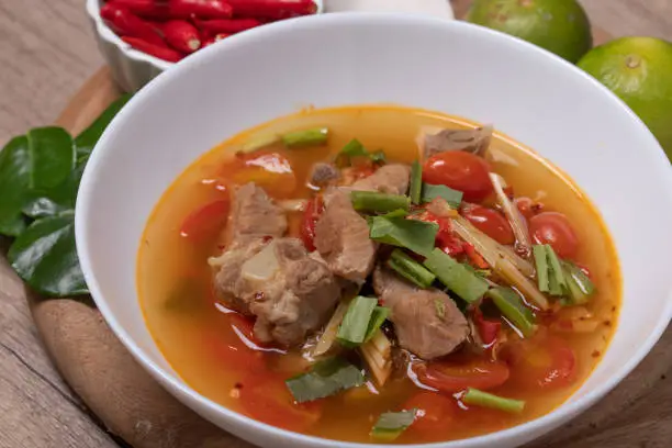 Photo of Tom Yum Pork Cartilage, spicy and sour Thai food. Popular.