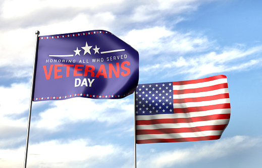USA Flag And Veterans Day Flag On the Blue Sky. USA Flag Concept.