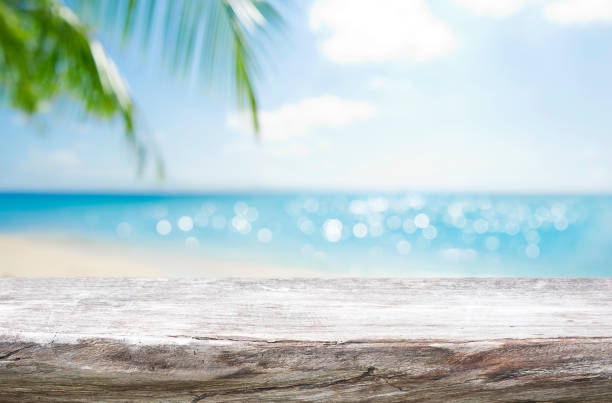 istock Empty wooden table on blurred tropical sea and sky background 1405564414