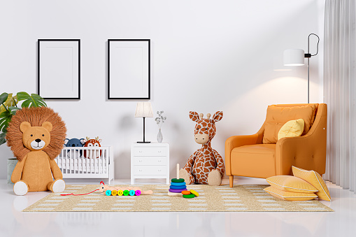 3d rendered illustration of a baby room with baby bed and large stuffed toy animals.