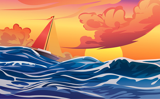 Boat in stormy sea cartoon vector illustration