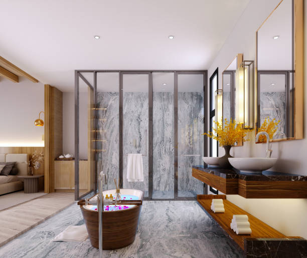 istock 3d rendering,3d illustration, Interior Scene and  Mockup,Modern bathroom interior,decorated with wood and stone. 1405567387
