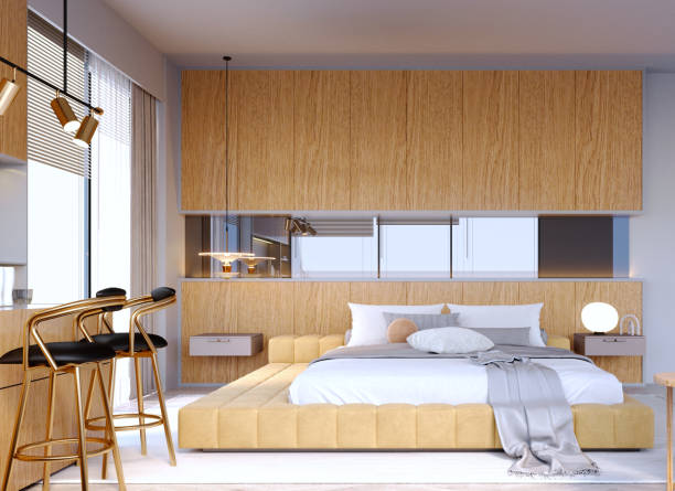 istock 3d rendering,3d illustration, Interior Scene and  Mockup,bedroom interior wall mockup and bar counter. 1405567410