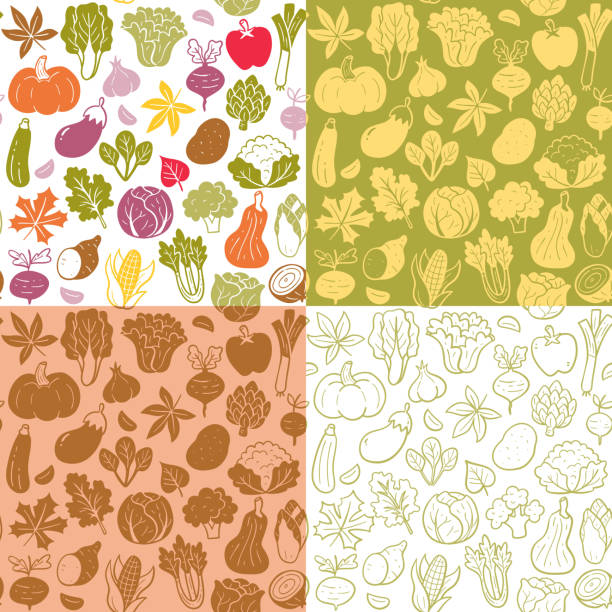 Autumn Vegetables Seamless Pattern Collection Autumn seasonal vegetables seamless pattern collection. Colorful, flat silhouette and doodle style. Isolated vegetables on white background. Vector illustration. Artichoke stock illustrations