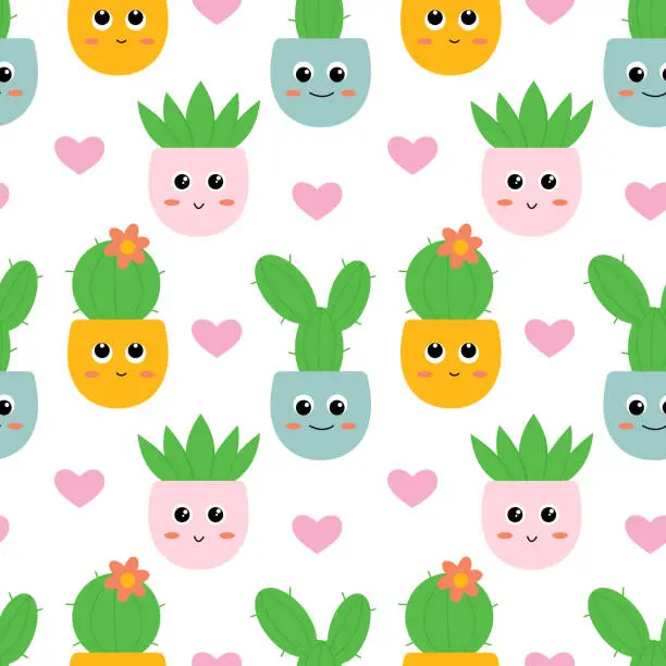 Vector illustration of Cute houseplants cacti with different emotions. Seamless pattern. Can be used for wallpaper, fill web page background, surface textures