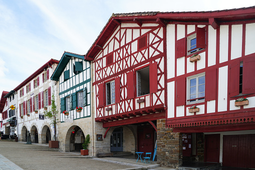 Half-timbered houses, town hall square in La Bastide de Clairence, Basque Country