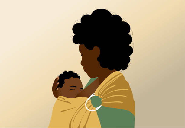 Beautiful mother babywearing. Vector family portrait of mom and baby Beautiful mother babywearing. Vector family portrait of mom and baby black family home stock illustrations