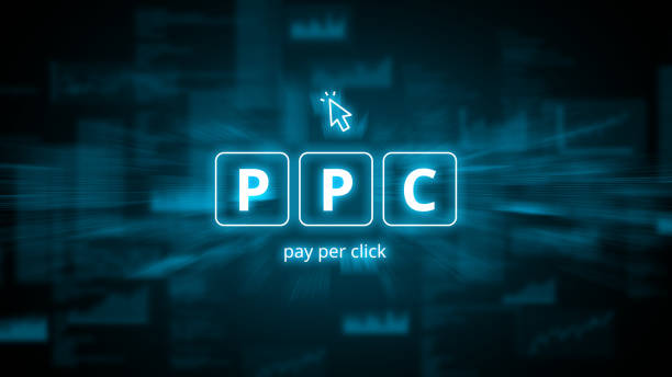 concept pay per click lub ppc. akronim biznesowy w stylu holograficznym. - per zdjęcia i obrazy z banku zdjęć