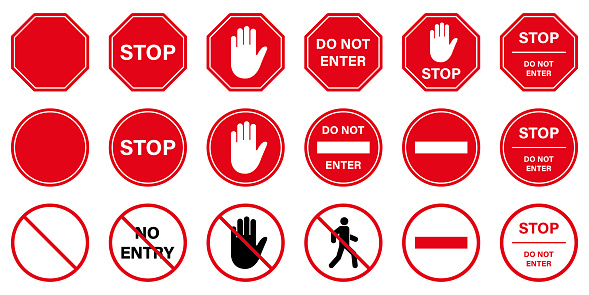 Do Not Enter Red Circle Symbol. Caution No Allowed Entry Stop Road Sign. Entrance Prohibited. Warning Palm Hand Ban Access Silhouette Icon. Forbidden Traffic Pictogram. Isolated Vector Illustration.