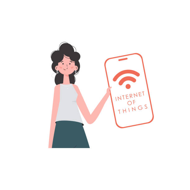 istock A woman holds a phone with the IoT logo in her hands. IOT and automation concept. Vector. 1405574545