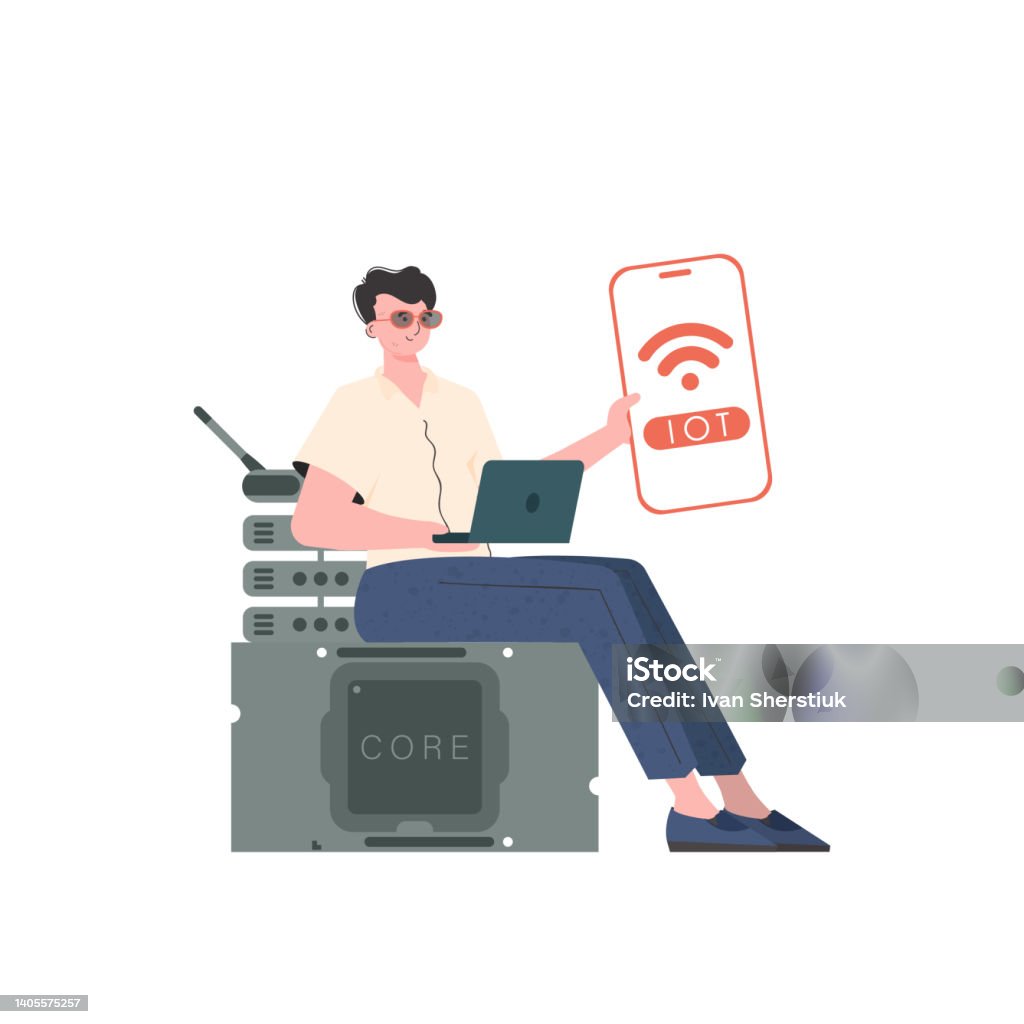 A man holds a phone with the IoT logo in his hands. IoT concept. Vector illustration in flat style. 5G stock vector A man holds a phone with the IoT logo in his hands. IoT concept. Vector illustration in flat style. 5G stock vector