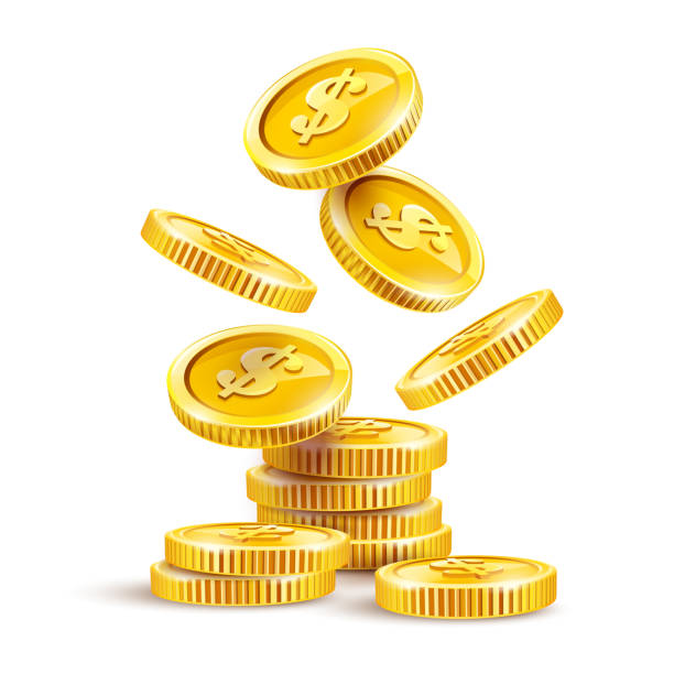 Gold coins cash money pile stack, falling dollar Isolated. Vector illustration. Gold coins cash money in pile stack, falling dollar Coins Isolated on white transparent background. Eps10 vector illustration. pennies from heaven stock illustrations