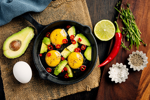 Overhead view of the dish of baked eggs with avocado and fresh chillis  ingredients. Recipe, use a small cast iron griddle pan and use 3 whole eggs, slice the avocado into small chunks, cut some fresh chill peppers and place it with the eggs. Bake for around 10-12 minutes at 200 degrees C until the egg whites have set but the yolks are still runny. Serve on toasted bread, fresh salad leaves, and the coriander and lime juice. Please see my other pictures on the series.