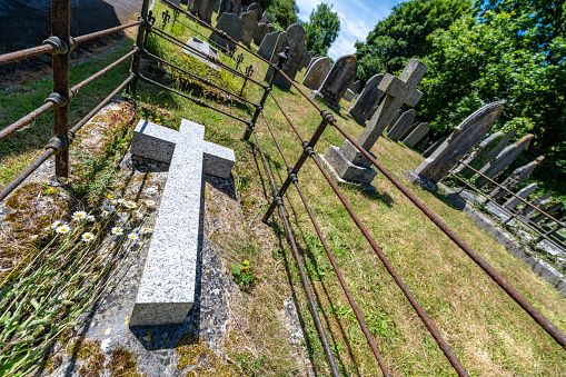 Johannishus, Sweden - February 14, 2015: Small white building on semetary. Grave stones in foreground.