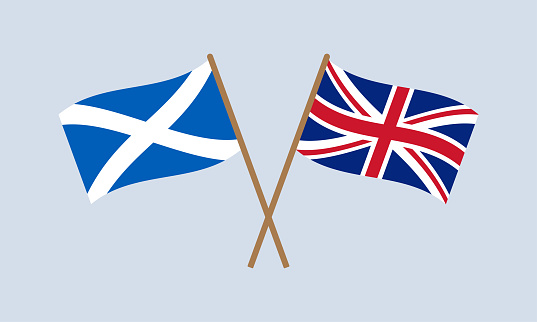 Scotland and UK flags. British and Scottish symbols. Hand holding waving flag. Vector illustration.