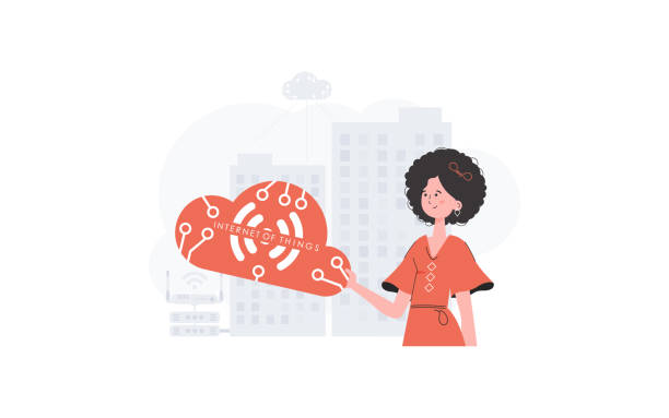 istock A woman is holding an internet thing icon in her hands. Internet of things and automation concept. Good for presentations and websites. Vector illustration in flat style. 1405581387