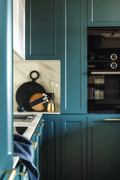 istock Luxury modern and vintage turquoise and white kitchen.  Marble wall. Built in kitchen. Template. 1405582048