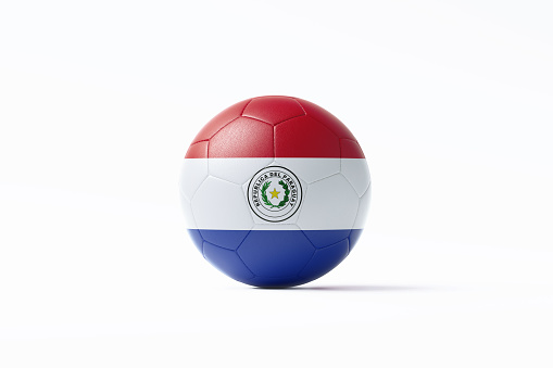 Soccer ball textured with Paraguayan flag sitting on white background. Horizontal composition with copy space. Clipping path is included.