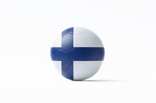 Soccer ball textured with Finnish flag sitting on white background. Horizontal composition with copy space. Clipping path is included.