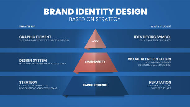 ilustrações, clipart, desenhos animados e ícones de um infográfico vetorial da base de design de identidade de marca no conceito de modelo de pirâmide de estratégia tem 3 níveis como logotipo, identidade da marca e experiência de marca. vetor infográfico modelo triângulo para apresentação. - marcar a ferro quente