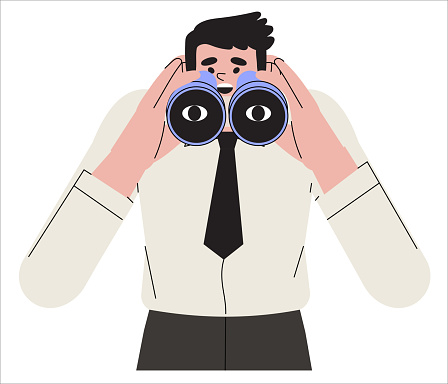 Curious woman worker or employee looking through binoculars. Business metaphore for search or research, development, web surfing. Trendy outline vector characters for web or ui design.
