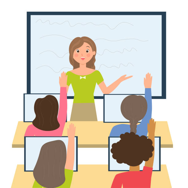 ilustrações de stock, clip art, desenhos animados e ícones de teacher teaches students, students raise their hands to answer questions. - small group of people illustrations