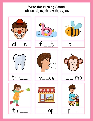 Write the missing sounds phonics worksheet. Choose the correct spelling rule for words. Activity page for kids. Vector illustration