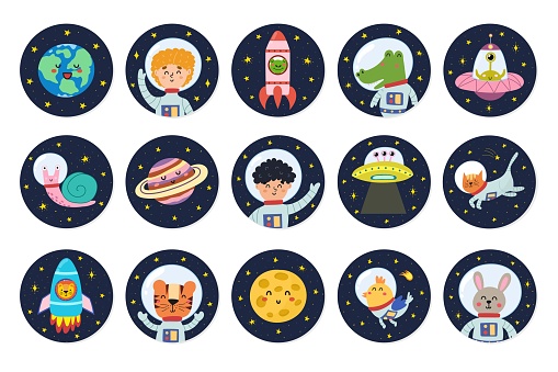 Stickers collection with cute space characters. Space badges with kids astronauts, animals, planets and aliens. Funny round labels set for kids design. Vector illustration