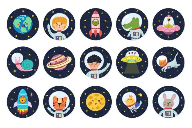 Vector illustration of Stickers collection with cute space characters